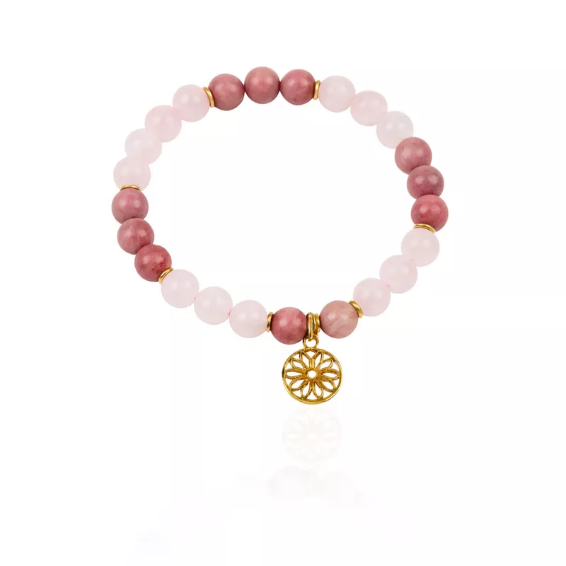 Браслет осознанности из розового кварца и родонита с подвеской-мандалой